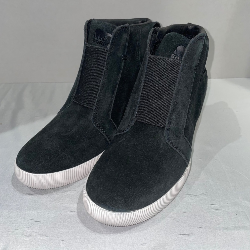 Sorel Out N About Pull On  Suede Wedge‎ Booties Black Womens 8.5